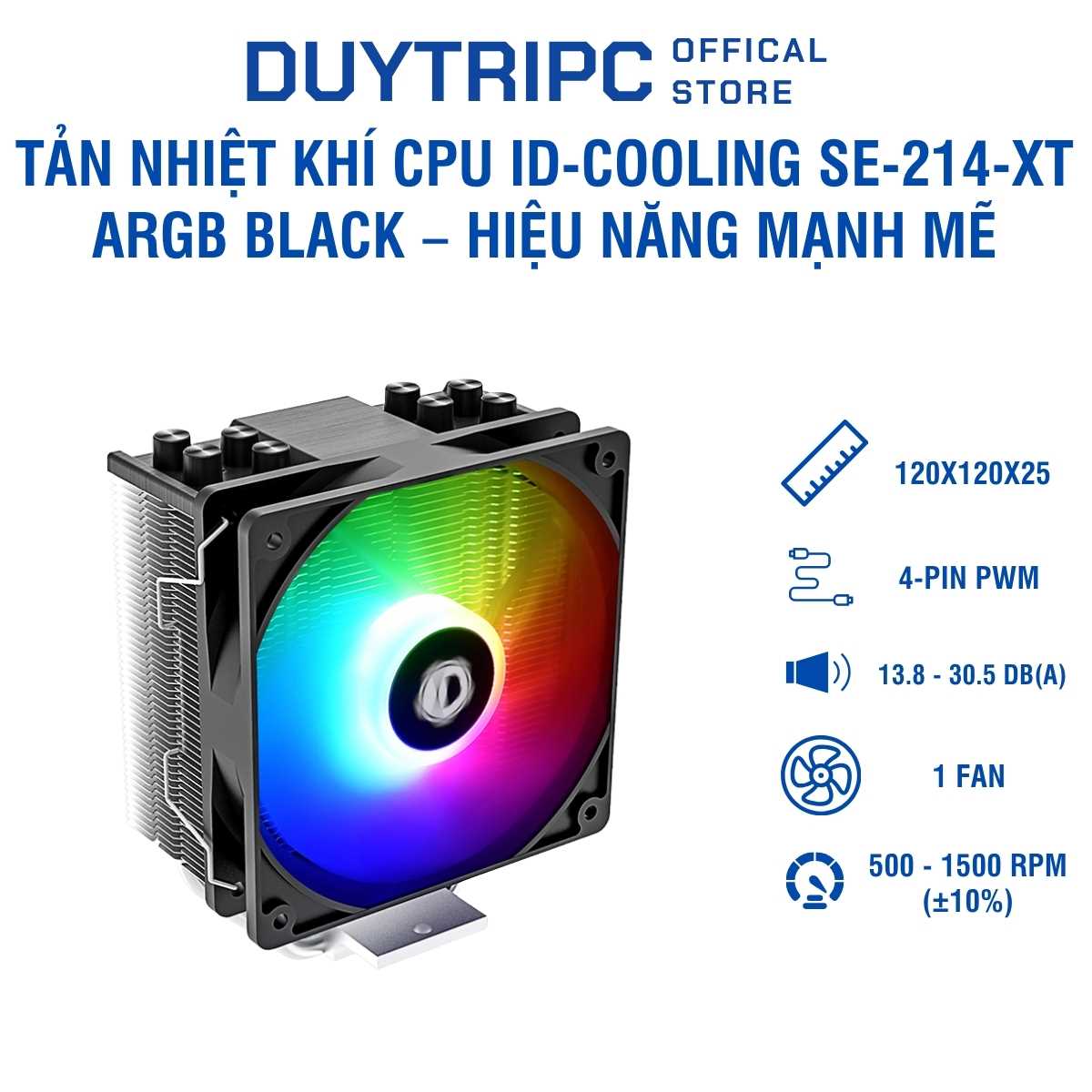 Tản Nhiệt Khí CPU ID-Cooling SE-214-XT ARGB Black – Hiệu Năng Mạnh Mẽ, LED ARGB Đồng Bộ 5V
